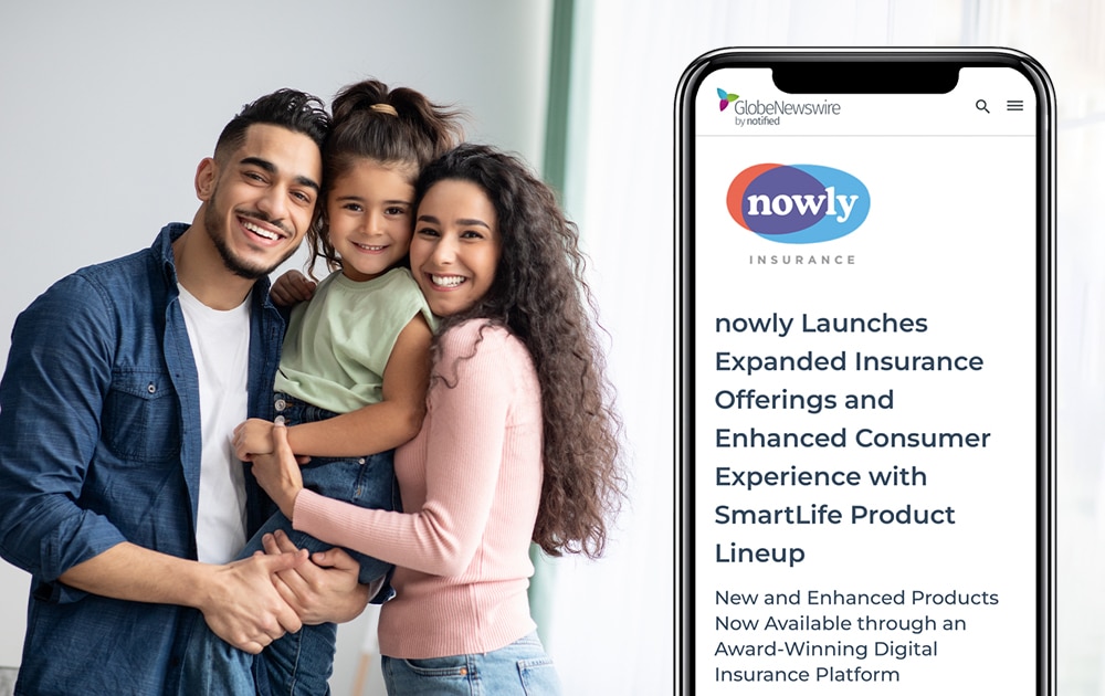 Happy family of three smiling at camera, phone with news article.